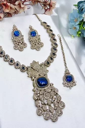 Blue yellow gold premium designer american diamond and stone work necklace set