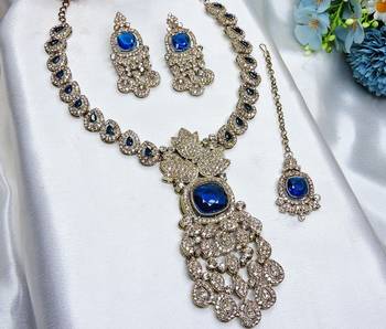Blue yellow gold premium designer american diamond and stone work necklace set 3