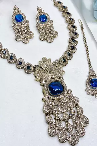 Blue yellow gold premium designer american diamond and stone work necklace set