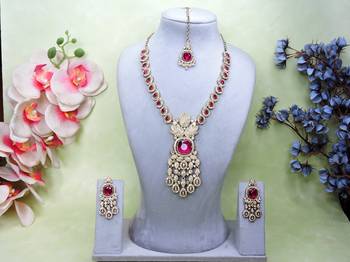 Pink yellow gold premium designer american diamond and stone work necklace set 1
