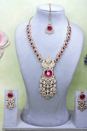 Pink yellow gold premium designer american diamond and stone work necklace set