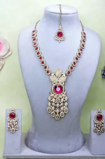 Pink yellow gold premium designer american diamond and stone work necklace set