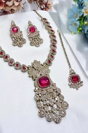 Pink yellow gold premium designer american diamond and stone work necklace set