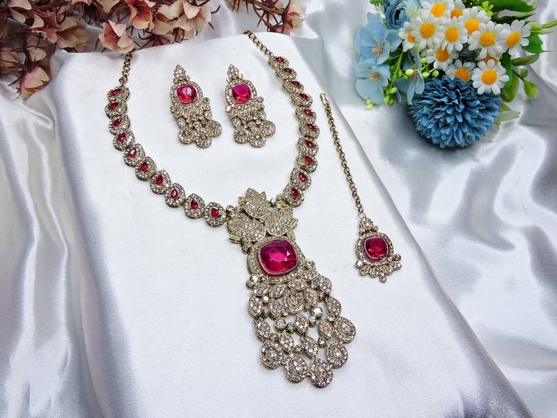 Pink yellow gold premium designer american diamond and stone work necklace set
