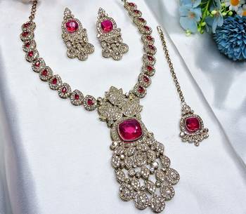 Pink yellow gold premium designer american diamond and stone work necklace set 3