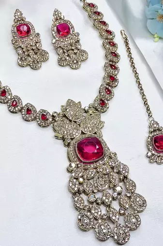Pink yellow gold premium designer american diamond and stone work necklace set