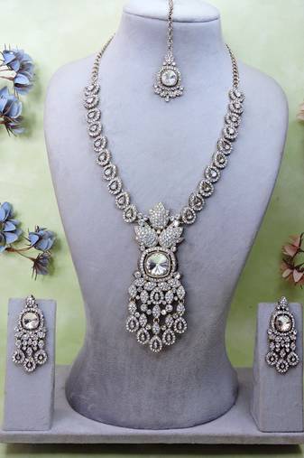 White yellow gold premium designer american diamond and stone work necklace set