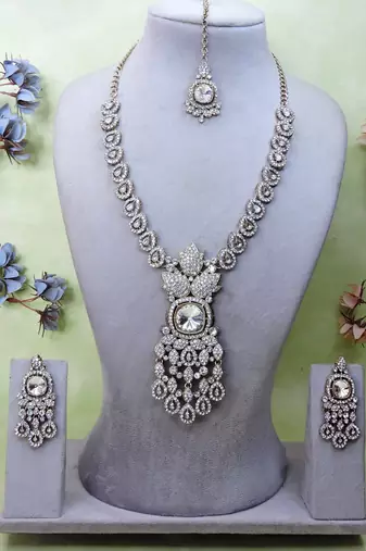 White yellow gold premium designer american diamond and stone work necklace set