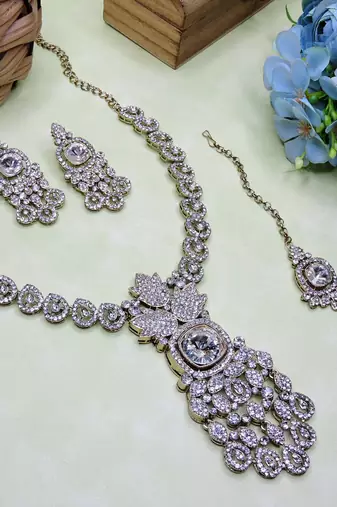 White yellow gold premium designer american diamond and stone work necklace set