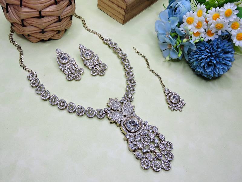 White yellow gold premium designer american diamond and stone work necklace set