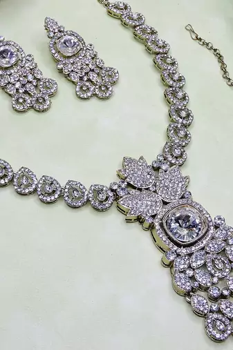 White yellow gold premium designer american diamond and stone work necklace set