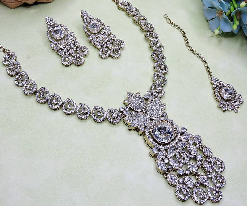 White yellow gold premium designer american diamond and stone work necklace set