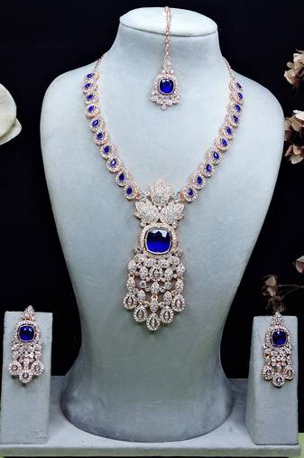 Blue rose gold premium designer american diamond and stone work necklace set