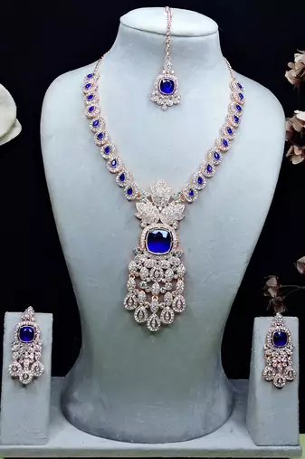 Blue rose gold premium designer american diamond and stone work necklace set
