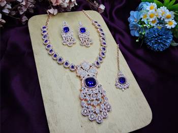 Blue rose gold premium designer american diamond and stone work necklace set 2