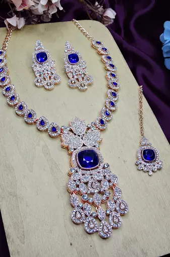 Blue rose gold premium designer american diamond and stone work necklace set