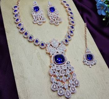 Blue rose gold premium designer american diamond and stone work necklace set 3