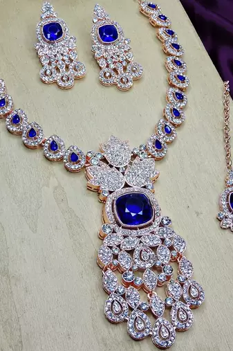 Blue rose gold premium designer american diamond and stone work necklace set