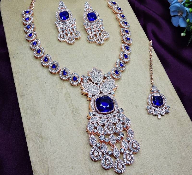 Blue rose gold premium designer american diamond and stone work necklace set