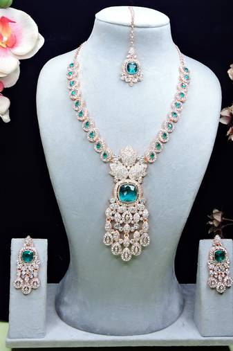 Green rose gold premium designer american diamond and stone work necklace set