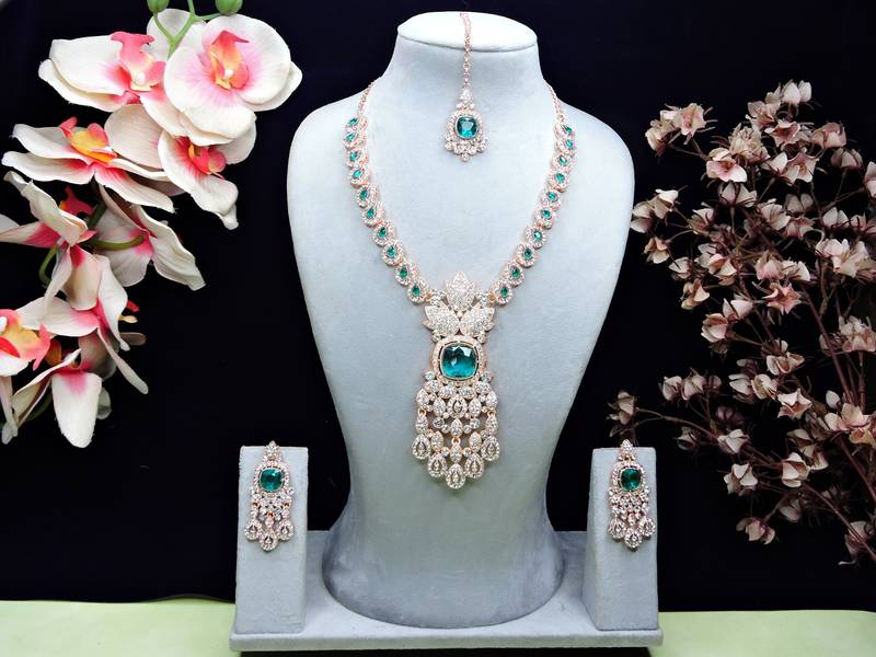 Green rose gold premium designer american diamond and stone work necklace set