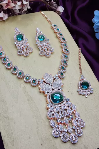 Green rose gold premium designer american diamond and stone work necklace set