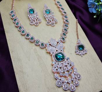 Green rose gold premium designer american diamond and stone work necklace set 3
