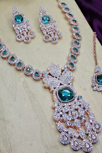 Green rose gold premium designer american diamond and stone work necklace set