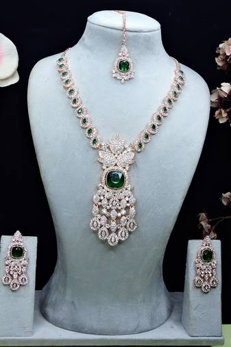 Green rose gold premium designer american diamond and stone work necklace set