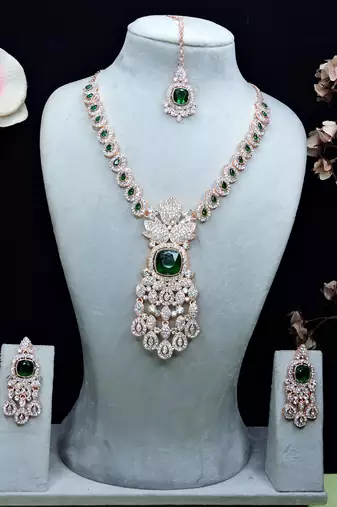 Green rose gold premium designer american diamond and stone work necklace set
