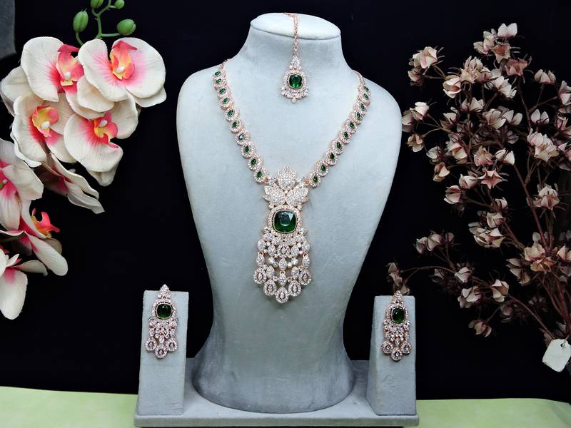 Green rose gold premium designer american diamond and stone work necklace set
