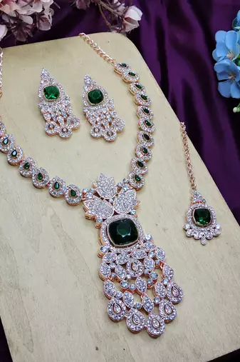 Green rose gold premium designer american diamond and stone work necklace set