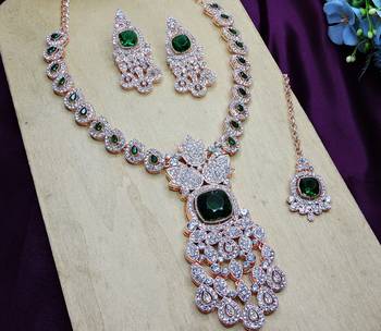 Green rose gold premium designer american diamond and stone work necklace set 3