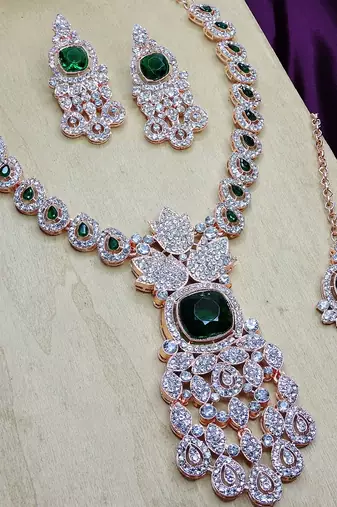 Green rose gold premium designer american diamond and stone work necklace set