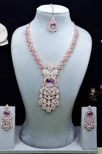 Purple rose gold premium designer american diamond and stone work necklace set