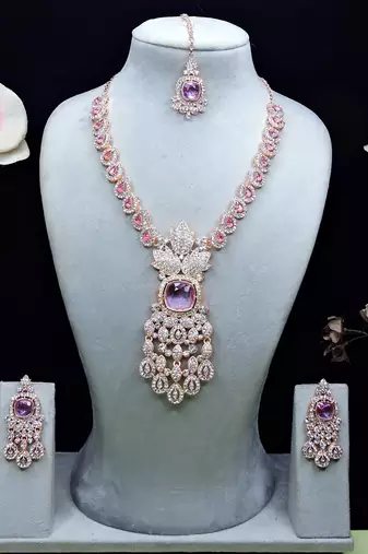 Purple rose gold premium designer american diamond and stone work necklace set