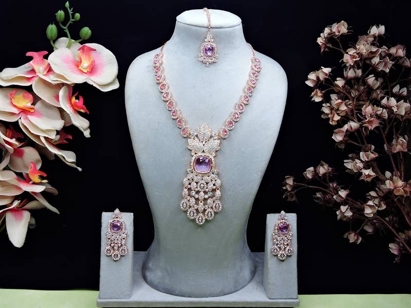 Purple rose gold premium designer american diamond and stone work necklace set