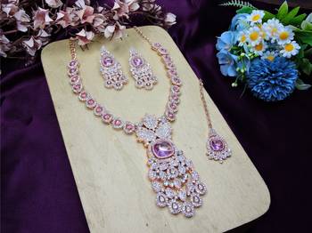 Purple rose gold premium designer american diamond and stone work necklace set 2