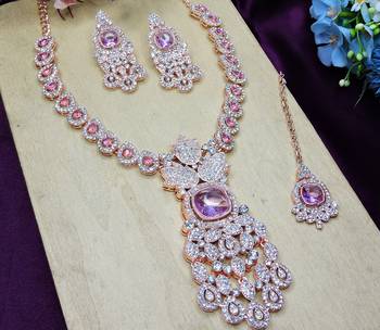 Purple rose gold premium designer american diamond and stone work necklace set 3