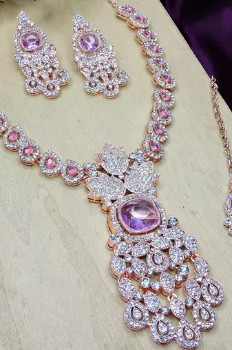 Purple rose gold premium designer american diamond and stone work necklace set
