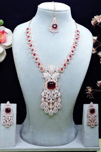 Maroon rose gold premium designer american diamond and stone work necklace set
