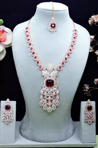 Maroon rose gold premium designer american diamond and stone work necklace set