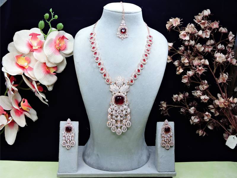 Maroon rose gold premium designer american diamond and stone work necklace set