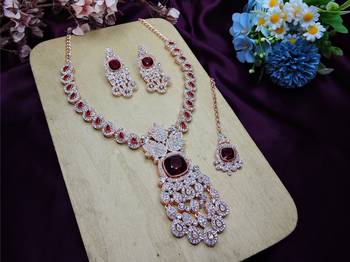 Maroon rose gold premium designer american diamond and stone work necklace set 2