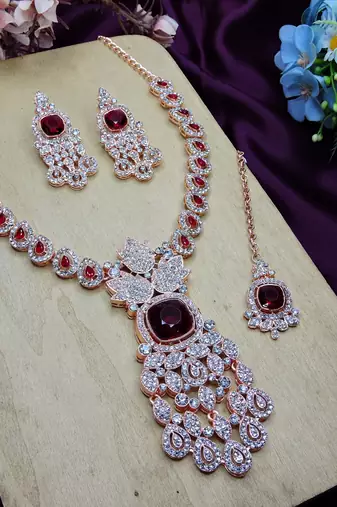 Maroon rose gold premium designer american diamond and stone work necklace set