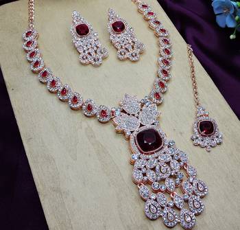Maroon rose gold premium designer american diamond and stone work necklace set 3