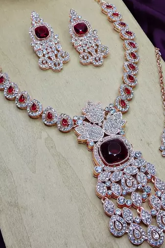 Maroon rose gold premium designer american diamond and stone work necklace set