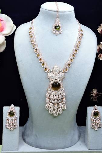 Green rose gold premium designer american diamond and stone work necklace set