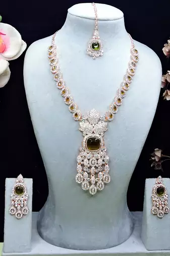 Green rose gold premium designer american diamond and stone work necklace set