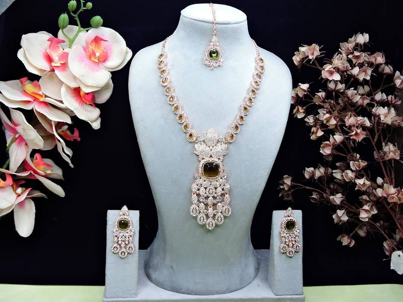 Green rose gold premium designer american diamond and stone work necklace set
